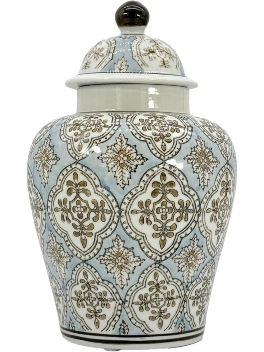 Light Blue & Brown Hand Painted Mosaic Ceramic Ginger Jar 12" with Lid